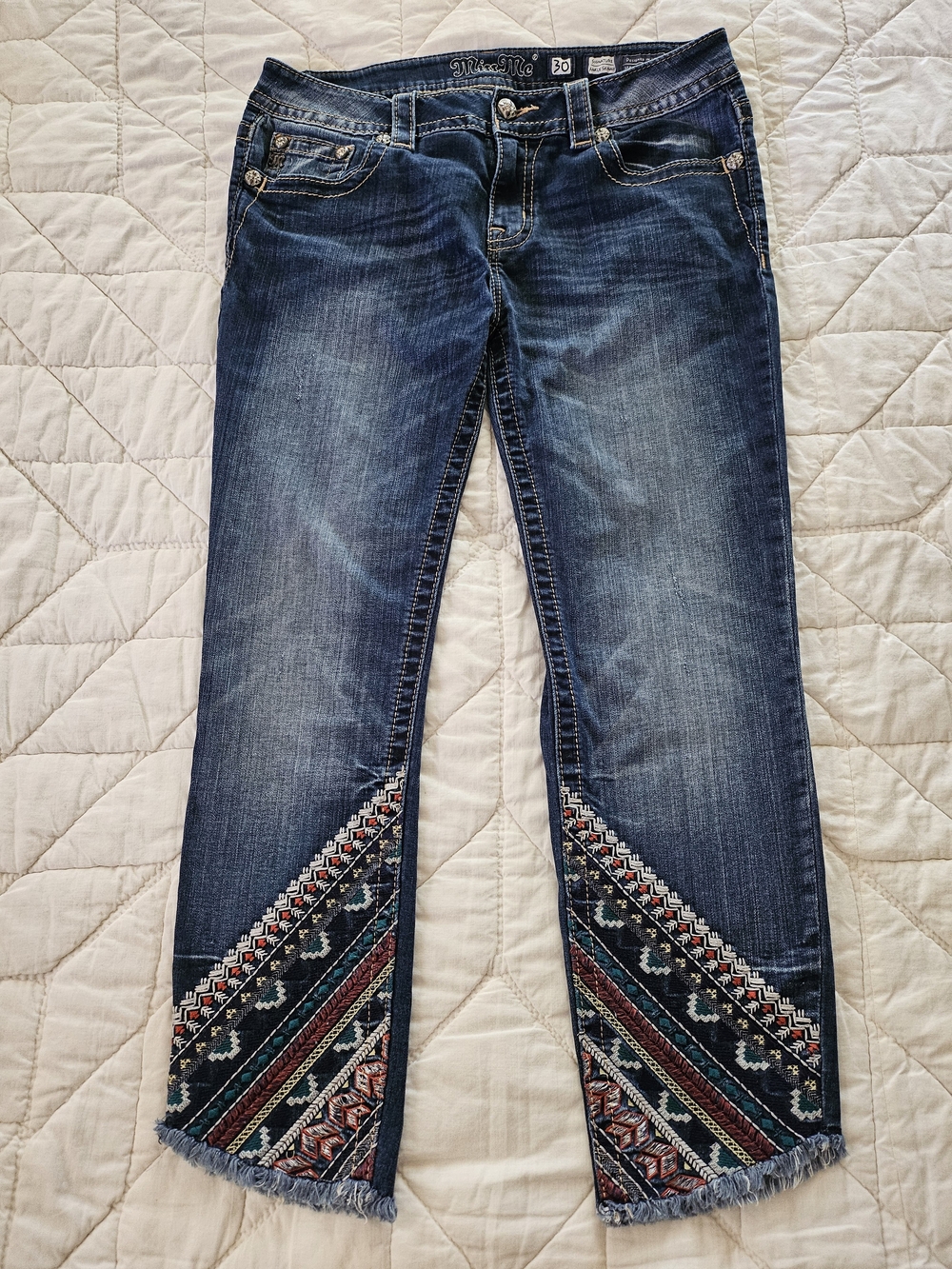 Miss Me 'Signature Ankle Skinny' Distressed Jeans w/ Embroidered Cuffs - Size 30